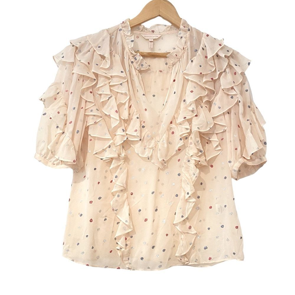 Rebecca Taylor Size 2 Glitter Gem Ruffle 100% Silk Top - Picture 4 of 10